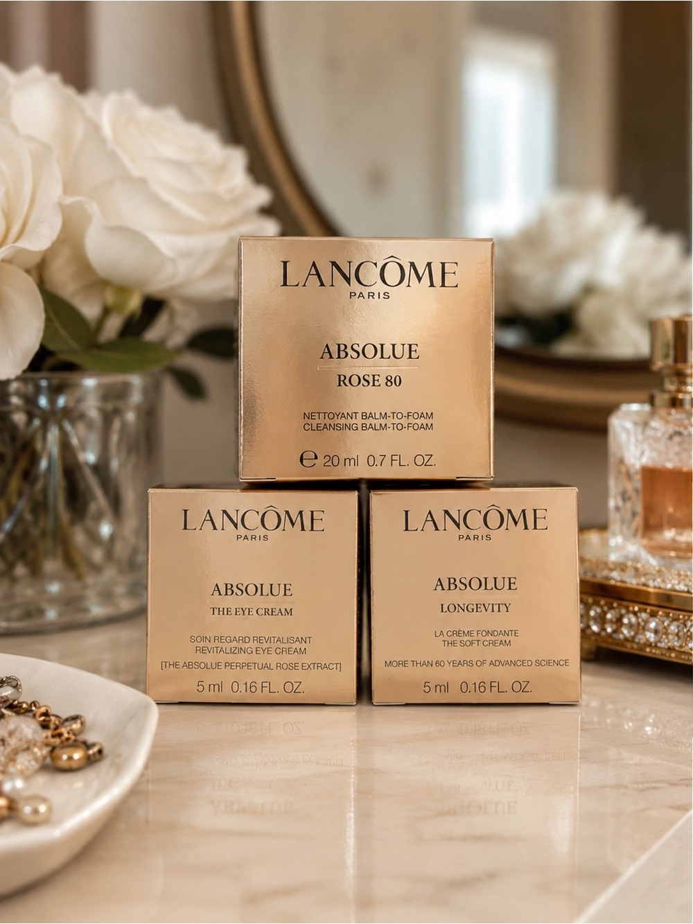Lancome Absolue Skincare Set Rose 80 Balm Eye Cream Soft Cream 3 Pc